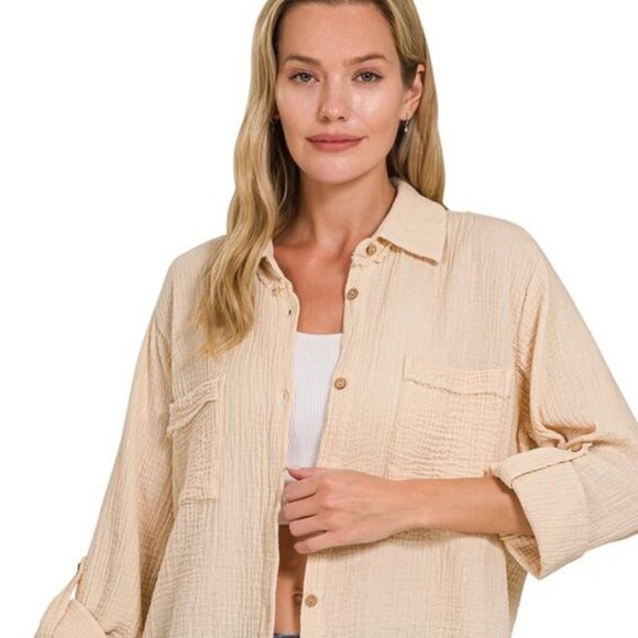 Zenana Double Gauze 3/4 Sleeve Button Up Shirt